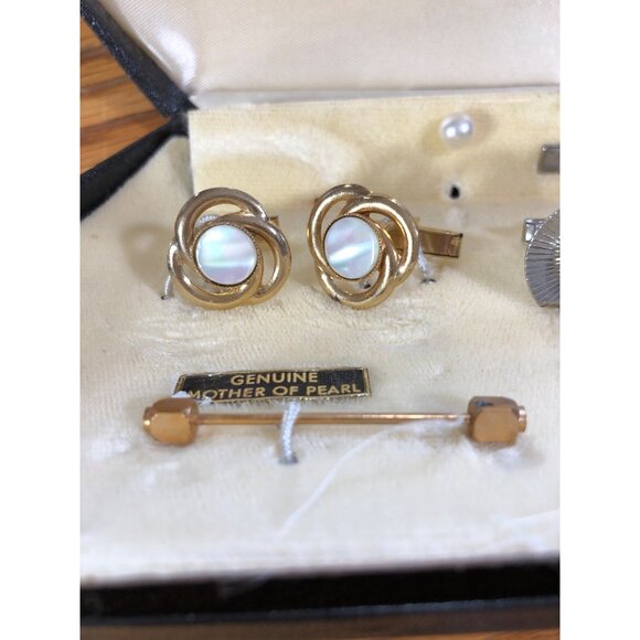 Vintage Stacy Cufflinks Tie Clips Set Mother Of Pearl Rhinestone Details Mens - Picture 6 of 16